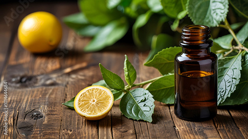 A bottle of bergamot essential oil is fresh bergamot fruit and leaves. Ai generative