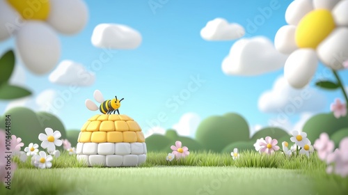 Vibrant 3D Cartoon Bee in Colorful Hive Scene