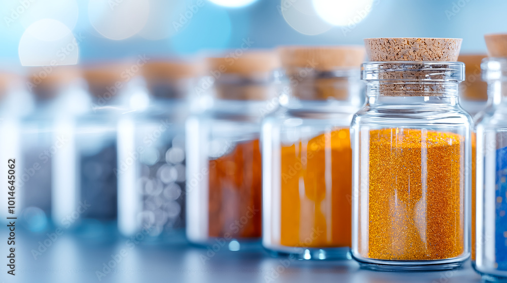 A variety of spices are showcased in small glass jars with cork stoppers, lined neatly on a countertop, casting reflections against a softly lit background A variety of spices are showcased in small glass jars with cork stoppers, lined neatly on a countertop, casting reflections against a softly lit background
