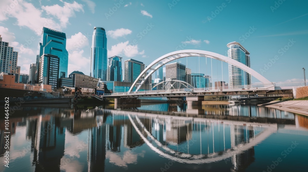 Naklejka premium Modern cityscape with a distinctive white arch bridge and skyscrapers reflected perfectly in still waters under a bright blue sky.