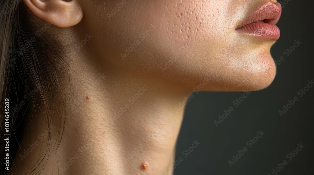 Side profile view of a person's neck, revealing the painful-looking blisters and crusting typical of herpes simplex Side profile view of a person's neck, revealing the painful-looking blisters and crusting typical of herpes simplex