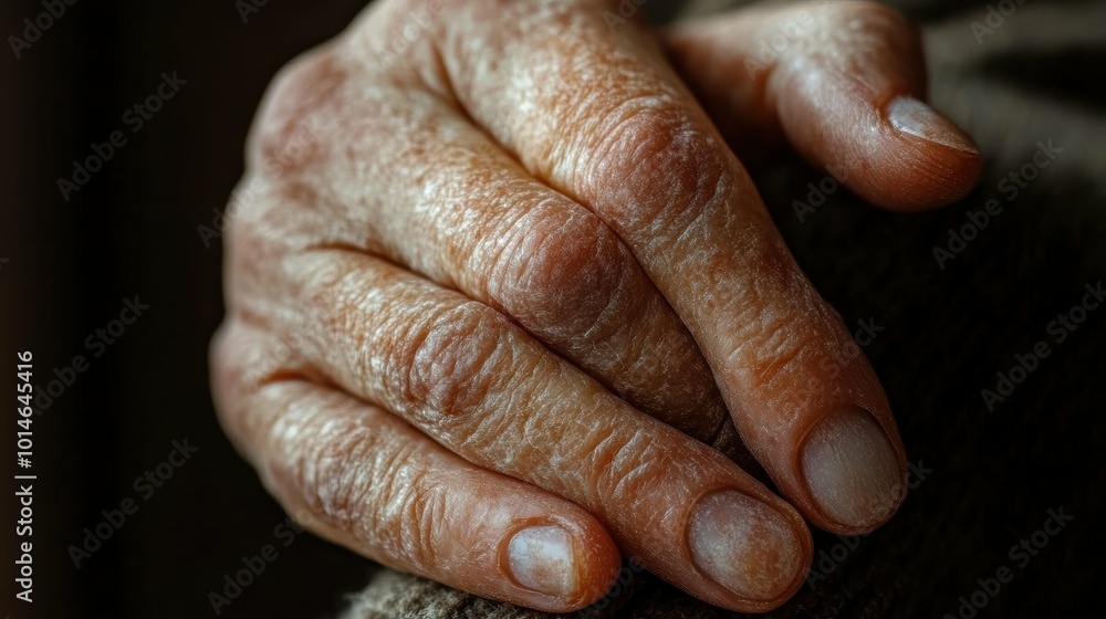 Fototapeta premium Detailed close-up of a person's hand showing the discolored, pitted nails associated with a fungal infection