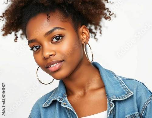 Fashion portrait of an Afro-American teenage girl, isolated against a flat white background. photo