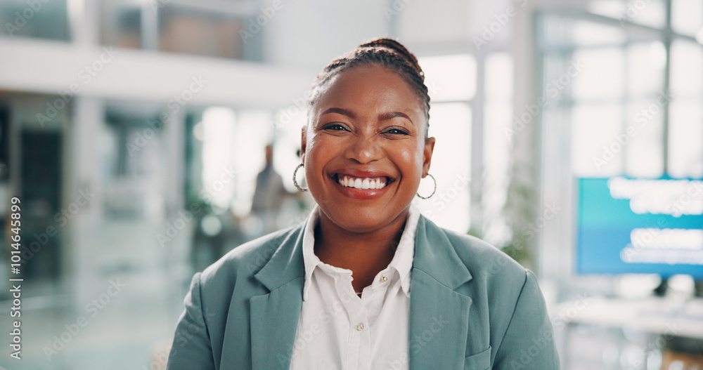 Professional, black woman and portrait in office for business, laughing and pride for conference. Career, female person and public relations manager with confidence for event, ambition and positive Professional, black woman and portrait in office for business, laughing and pride for conference. Career, female person and public relations manager with confidence for event, ambition and positive