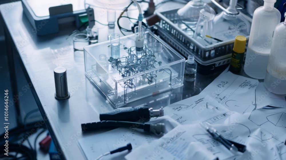 A cluttered lab table with glassware, wires, and scattered papers, reflecting the chaos and creativity of scientific innovation and the thrill of discovery. A cluttered lab table with glassware, wires, and scattered papers, reflecting the chaos and creativity of scientific innovation and the thrill of discovery.