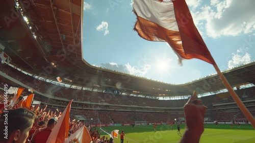 Enthusiastic soccer fans wave orange flags under a bright sky  capturing the euphoria and energetic spirit of a live sports event in a crowded stadium.