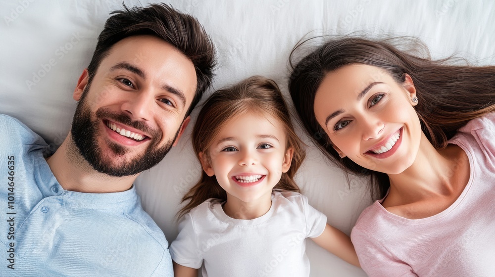 Family Smiling Together While Lying on a Bed in a Bright and Cozy Setting, AI Family Smiling Together While Lying on a Bed in a Bright and Cozy Setting, AI