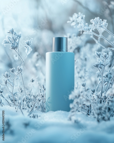 Moisturizing lotion bottle in frosted winter landscape photo