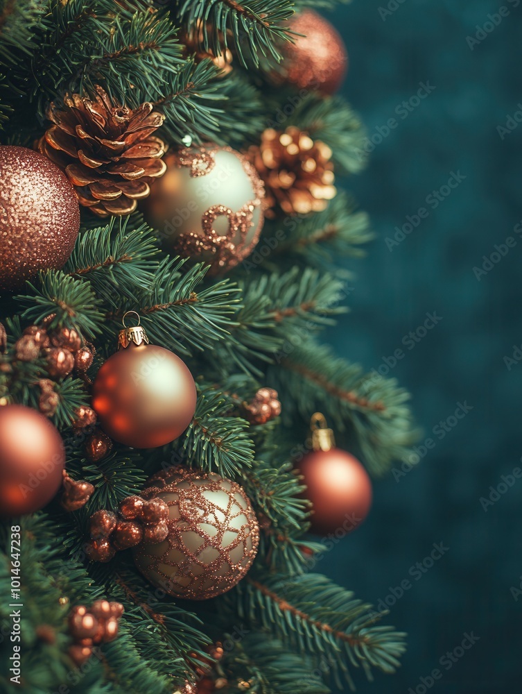 The Christmas tree is adorned with a variety of ornaments, including sparkling balls and festive pine cones, creating a warm and inviting atmosphere perfect for the holiday season. The Christmas tree is adorned with a variety of ornaments, including sparkling balls and festive pine cones, creating a warm and inviting atmosphere perfect for the holiday season.