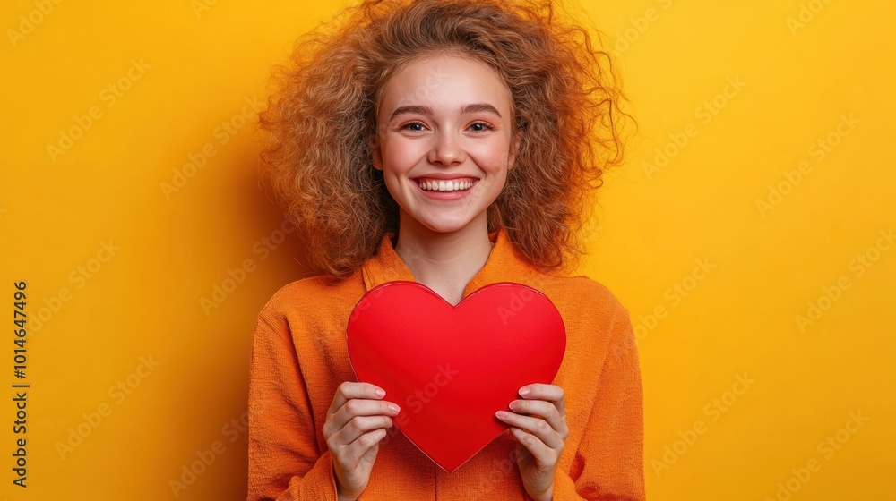 Smiling Woman Holding a Red Heart Against a Bright Yellow Background, AI Smiling Woman Holding a Red Heart Against a Bright Yellow Background, AI