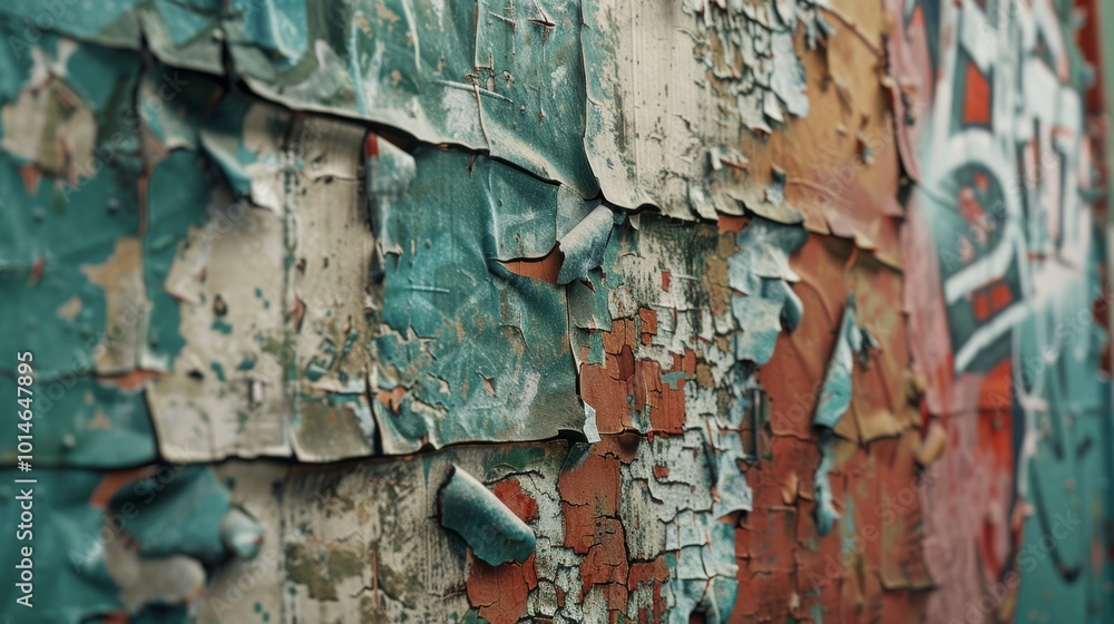 Naklejka premium Peeling layers of vibrant teal and rust-colored paint reveal a weathered texture, reminiscent of urban decay and artistic expression.