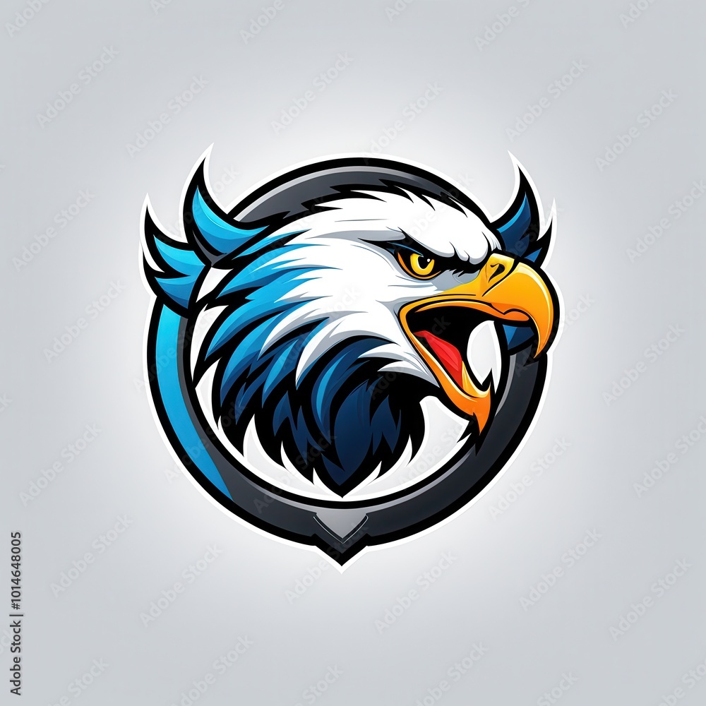 Obraz premium A stylized eagle head logo with blue and white accents, showcasing strength and fierceness.