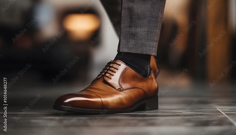 Polished Brown Leather Oxford Shoe on a Gray Floor Polished Brown Leather Oxford Shoe on a Gray Floor