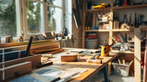 Wallpaper Mural A bright, organized craft studio with art supplies and tools neatly arranged, basking in gentle morning light, inviting creativity. Torontodigital.ca