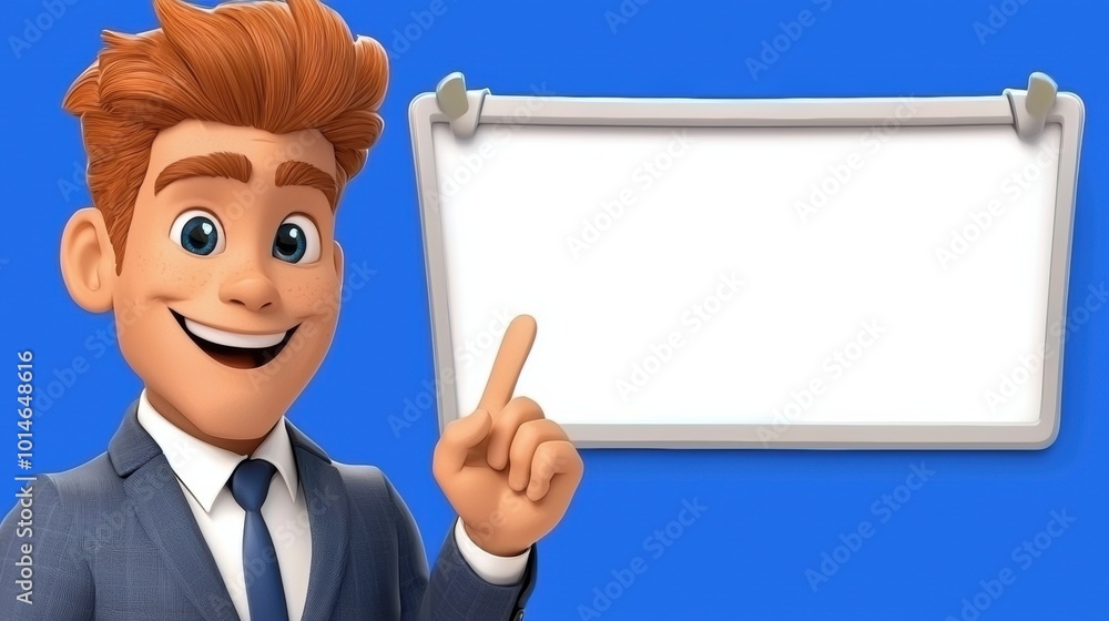 Friendly cartoon character with a blank signboard Friendly cartoon character with a blank signboard