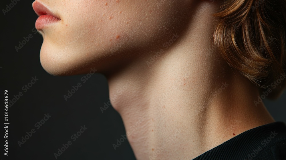Side profile view of a person's neck, revealing the painful-looking swelling and bruising of a recent insect bite Side profile view of a person's neck, revealing the painful-looking swelling and bruising of a recent insect bite