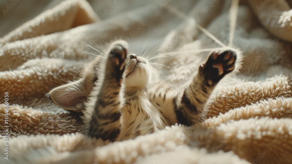 A playful kitten stretches on a cozy blanket, basking in the warm sunlight, exuding comfort and cuteness. A playful kitten stretches on a cozy blanket, basking in the warm sunlight, exuding comfort and cuteness.