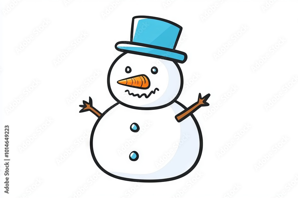 A cartoon snowman with a blue hat and carrot nose. The snowman is smiling and has a blue hat on his head A cartoon snowman with a blue hat and carrot nose. The snowman is smiling and has a blue hat on his head