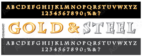 golden and steely alphabet, hand drawn original fonts