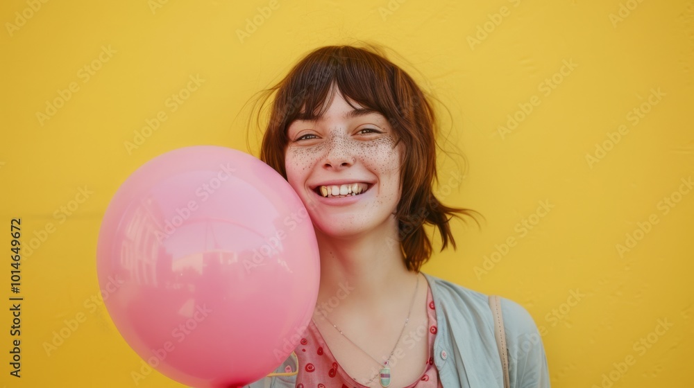A smiling young woman with a pink balloon against a bright yellow background, radiating joy and youthful exuberance. A smiling young woman with a pink balloon against a bright yellow background, radiating joy and youthful exuberance.