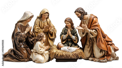 Beautiful Christmas Nativity Scene Depicting the Birth of Christ, Isolated on White, PNG File, Transparent Background photo