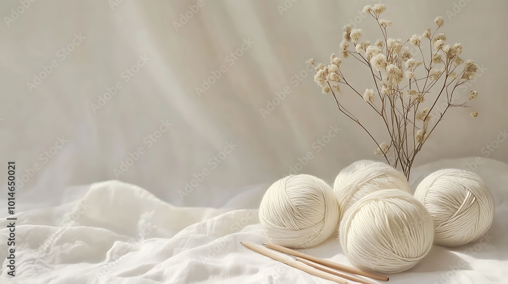 White yarn balls and knitting needles on white fabric with dried flowers. White yarn balls and knitting needles on white fabric with dried flowers.
