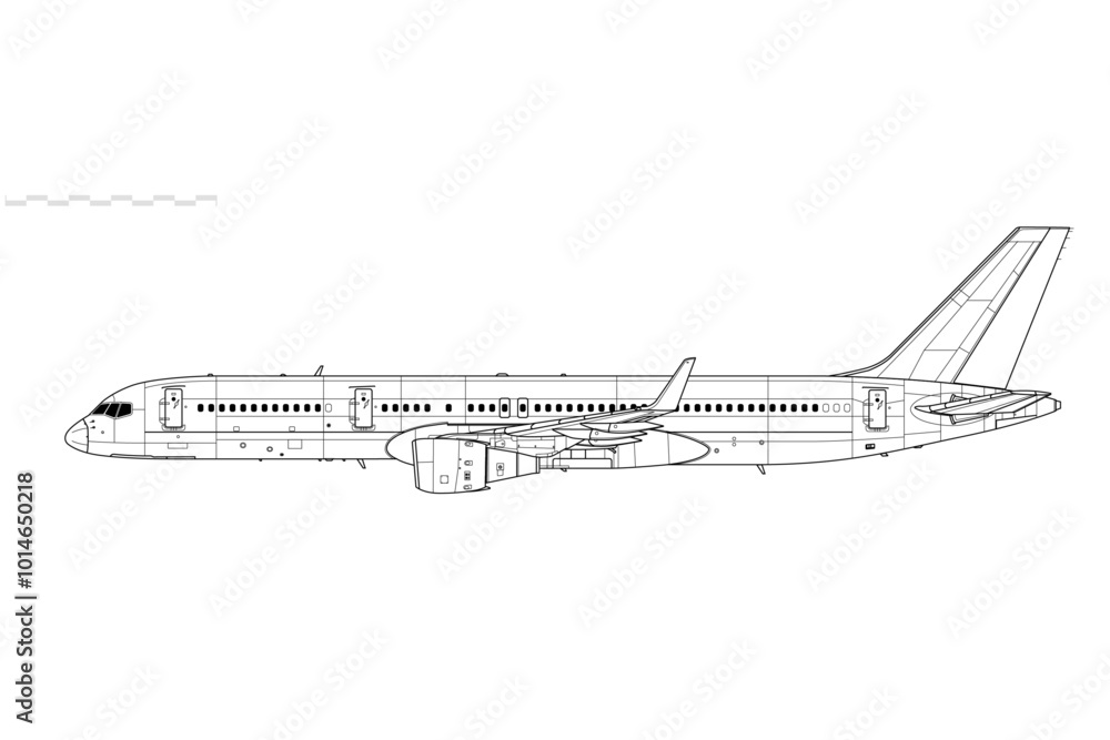 Boeing 757-200. Vector drawing of narrow-body mid-range airliner. Side view. Image for illustration and infographics. Boeing 757-200. Vector drawing of narrow-body mid-range airliner. Side view. Image for illustration and infographics.