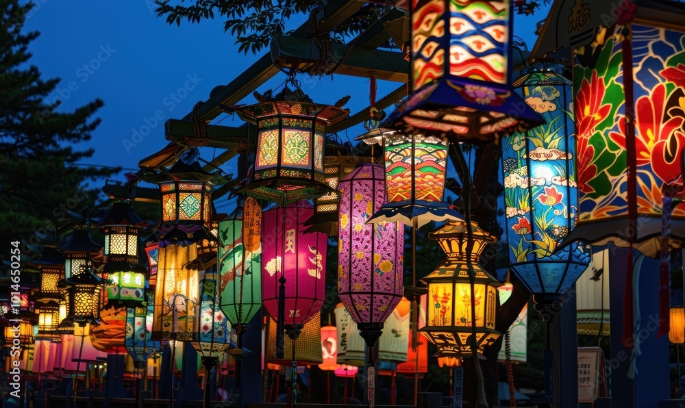 Traditional colorful paper lanterns hanging at night. Cultural festival and celebration concept. Traditional colorful paper lanterns hanging at night. Cultural festival and celebration concept.