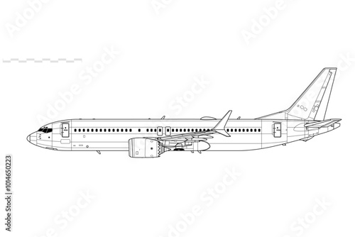 Boeing 737 MAX-8. Vector drawing of narrow-body airliner. Side view. Image for illustration and infographics.