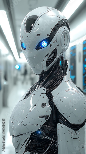 A humanoid robot with blue eyes stands in a sterile, white futuristic environment.