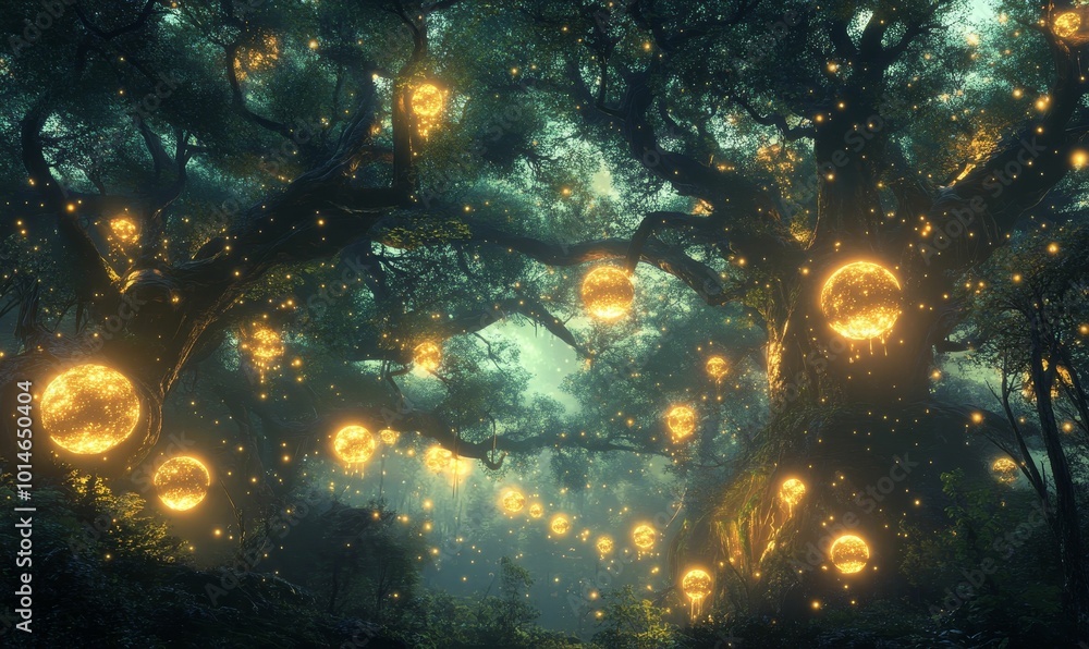 Fototapeta premium Enchanted forest with glowing orbs.
