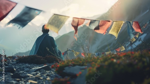 A serene figure sits in meditation, surrounded by fluttering prayer flags against a misty mountain backdrop, evoking peace and spiritual reflection. photo