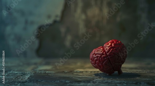 A surreal image of a heart shaped like a brain, illuminated on an ancient stone floor, symbolizing the link between intellect and emotion. photo