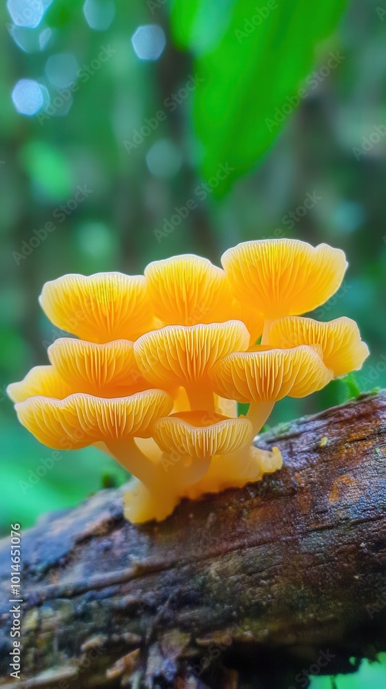 Yellow mushrooms growing on a log in a lush green forest. Yellow mushrooms growing on a log in a lush green forest.