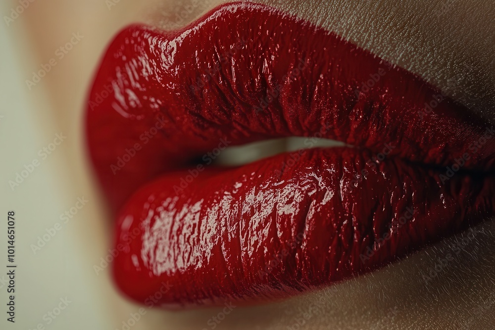 A close-up view showcases luscious, glossy red lips, emphasizing their texture and shine. The striking color draws attention, highlighting the artistry of makeup and the appeal of beauty products. A close-up view showcases luscious, glossy red lips, emphasizing their texture and shine. The striking color draws attention, highlighting the artistry of makeup and the appeal of beauty products.