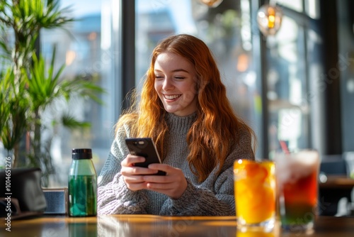 A young woman smiles while using her smartphone in a bright café. The warm atmosphere invites relaxation and connection. Perfect for lifestyle and social media themes. Generative AI