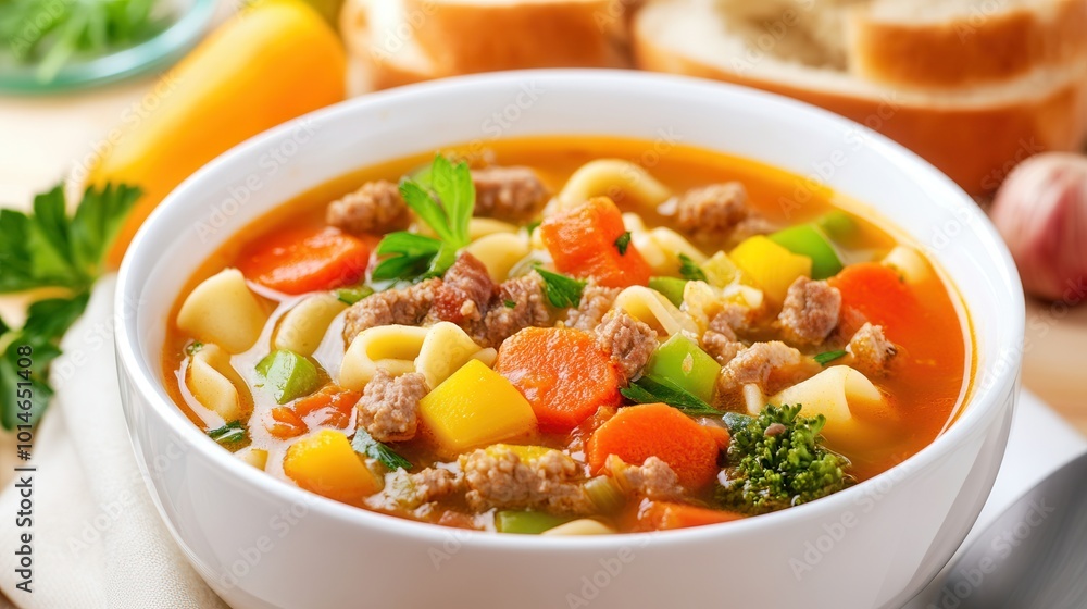 Delicious vegetable soup with pasta, meat, and fresh herbs in a white bowl, served with bread on a wooden table. Delicious vegetable soup with pasta, meat, and fresh herbs in a white bowl, served with bread on a wooden table.
