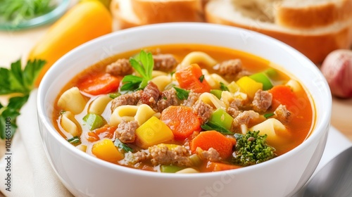 Delicious vegetable soup with pasta, meat, and fresh herbs in a white bowl, served with bread on a wooden table.