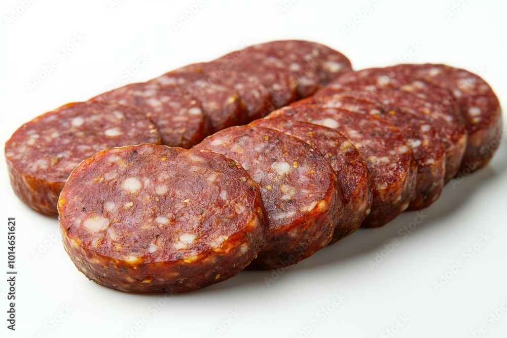 Freshly sliced cured sausage arranged neatly on a surface. This savory delicacy showcases a rich texture and vibrant color, making it an excellent addition to any charcuterie platter or snack spread f Freshly sliced cured sausage arranged neatly on a surface. This savory delicacy showcases a rich texture and vibrant color, making it an excellent addition to any charcuterie platter or snack spread f