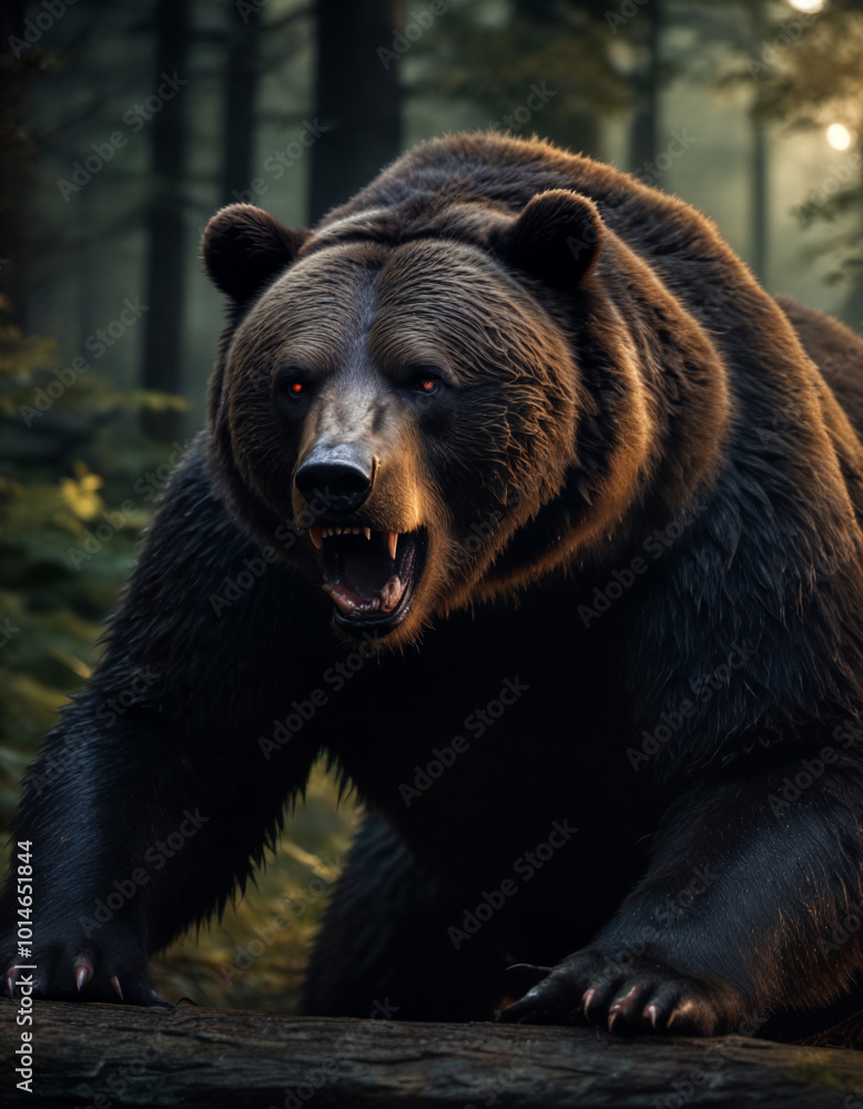 Fototapeta premium Powerful brown bear roaring in dense forest during twilight hours showcasing nature's wild beauty