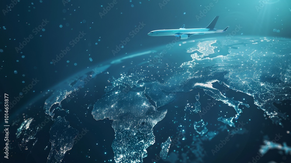 Fototapeta premium An airplane soars over the illuminated earth below, highlighting city lights and continents, embodying the wonder and scale of global travel.