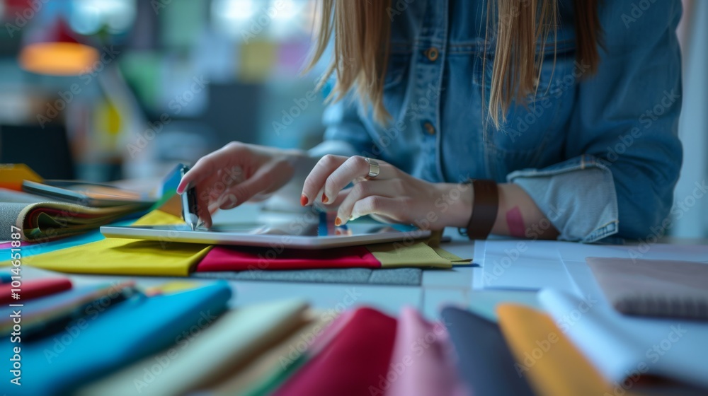 The designer is intensely focused on fabric selection, using a tablet to coordinate vibrant textiles and sketches scattered around a creative workspace. The designer is intensely focused on fabric selection, using a tablet to coordinate vibrant textiles and sketches scattered around a creative workspace.