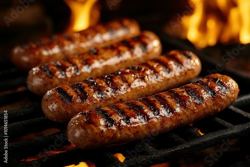 Juicy sausages are grilled to perfection over an open flame, creating a smoky aroma. The barbecue is alive with heat as the sausages char, showcasing the ideal atmosphere for a summer gathering with f