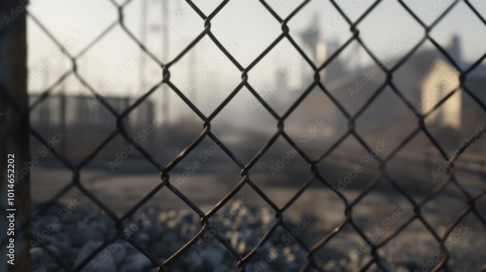 Chain-link fence in soft focus fades into the misty distance, evoking mystery and solitude. Chain-link fence in soft focus fades into the misty distance, evoking mystery and solitude.