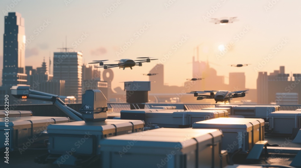 Drones gracefully hover above a bustling cityscape at sunset, lit by the golden glow of the horizon. Drones gracefully hover above a bustling cityscape at sunset, lit by the golden glow of the horizon.