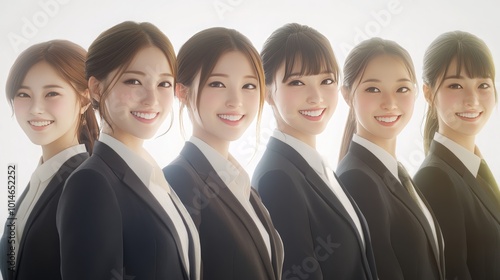 A stunning image featuring young and beautiful Japanese women in elegant suits against a pristine white background, designed for easy cropping. Captured from a below-waist camera angle