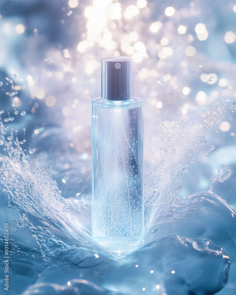 Clear perfume bottle splashing in water with bokeh background Clear perfume bottle splashing in water with bokeh background