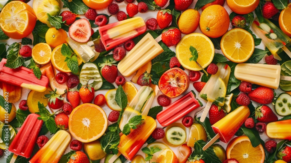 A vibrant array of fruits and popsicles covers the surface, mixing fresh oranges, strawberries, and kiwi, creating a refreshing and colorful summer display. A vibrant array of fruits and popsicles covers the surface, mixing fresh oranges, strawberries, and kiwi, creating a refreshing and colorful summer display.