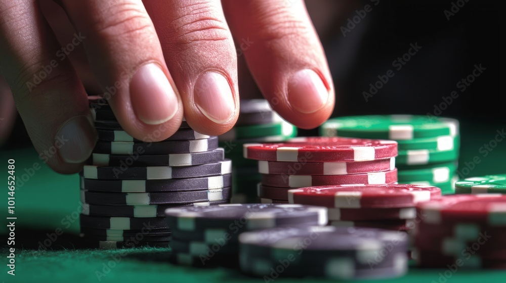 Intense Poker Moment: Player Stacking Chips in High-Stakes Game Intense Poker Moment: Player Stacking Chips in High-Stakes Game