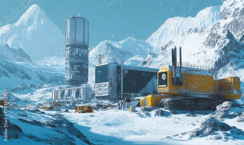 Futuristic machinery in snowy mountains.